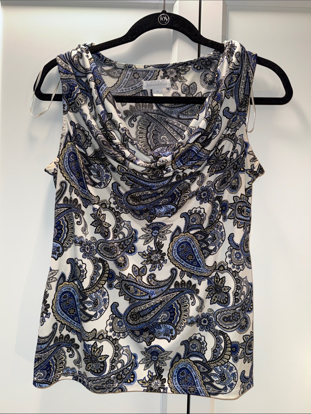 Charter Club White & Blue Paisley Cowl Neck Sleeveless Top